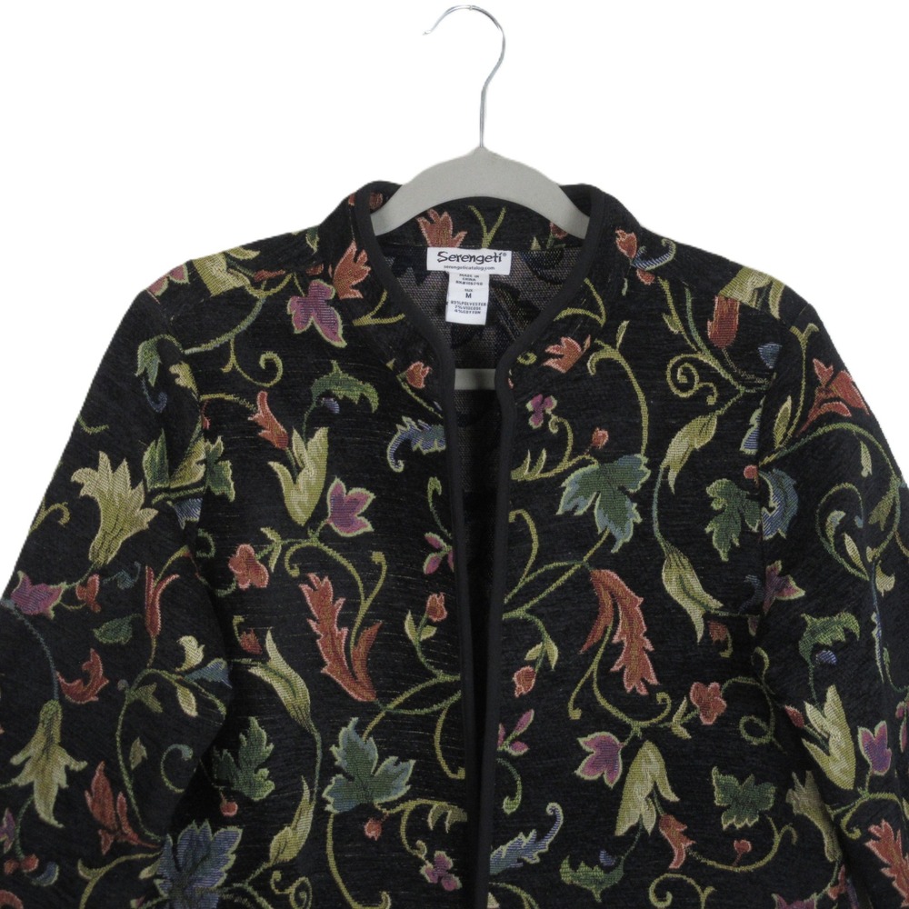 Serengeti Womens Tapestry Jacket Black Floral Vine Open Front Pockets Size Med - Picture 7 of 14